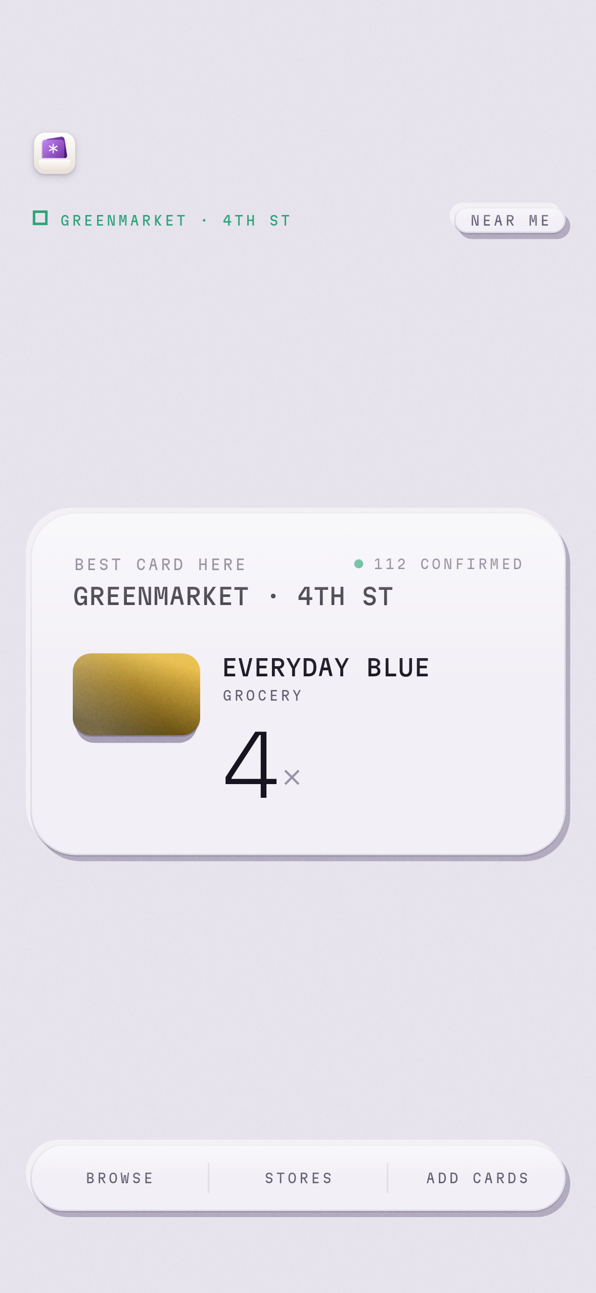 The app showing one recommended card for a grocery shop, with the rate and how many people confirmed it.